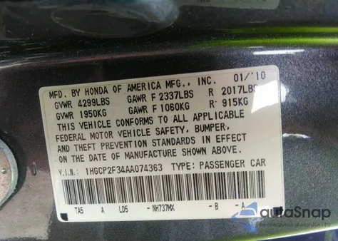 2010 Honda Accord 2.4 Lx z USA, uszkodzony, nr VIN 1HGCP2F34AA074363